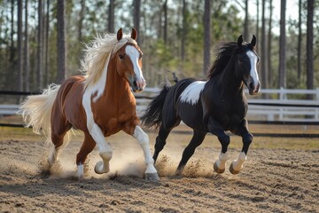 Two paint horses run in a sandy arena. Perfect for equestrian websites, advertisements, or promoting horse breeds.