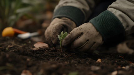 close up of child hand planting seedling in rich soil, showcasing joy of gardening and nurturing nature. gloves are dirty, reflecting hands on experience