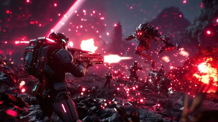 Epic space battle featuring armored astronaut and Spaceships in asteroid field, human soldiers in advanced tactical armor fighting alongside alien warriors with glowing energy weapons