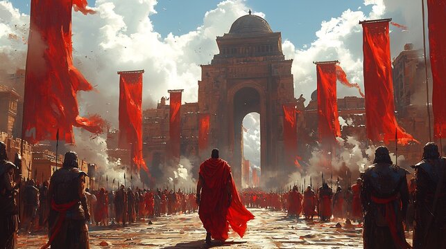 Akkadian Empire at its height Sargon the Great leading a procession through a grand city with towering gates and banners flying