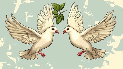 Obraz premium Two White Doves with Leaves on a Vintage Pastel Background