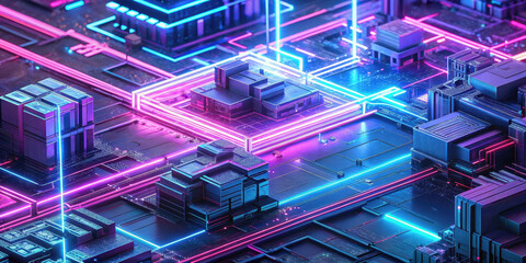 A vibrant, futuristic cityscape with glowing neon lines and geometric structures, representing a digital or technological environment.