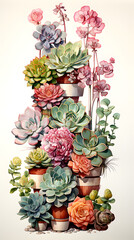 Obraz premium Digital vintage watercolor succulents plant abstract graphic poster background