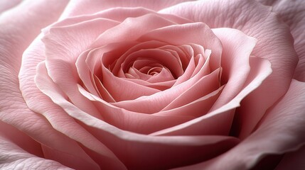 A detailed view of the middle of a pink rose, focusing on the layered, velvety petals swirling inward toward the tightly packed center.