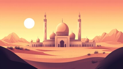 Flat Design of Mosque with Domes and Minarets at Sunset