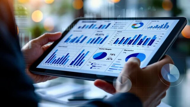 Hands holding a tablet displaying detailed business analytics and colorful charts in a bright office setting