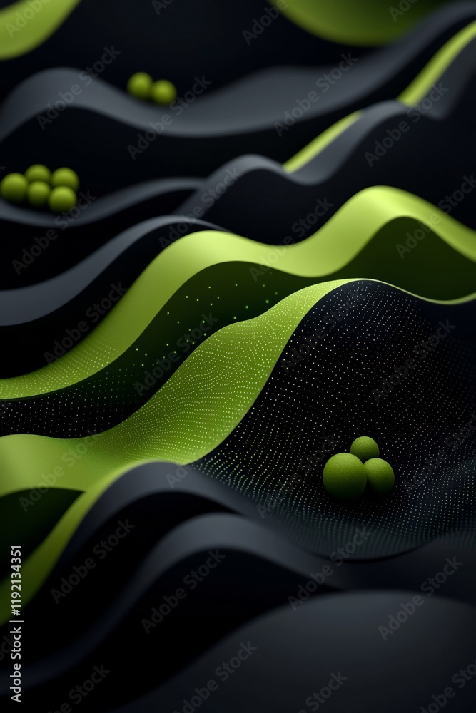 Poster pulsating green waves against foreboding black backdrop in minimalist 3d render