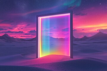 A surreal scene with a frame made of glowing liquid, set against an infinite desert landscape under a vivid, shifting aurora.