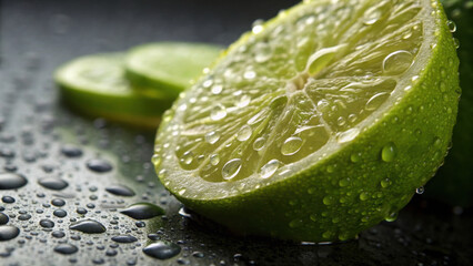 A close-up of fresh lime slices, glistening with water droplets on a dark surface, highlighting their vibrant green color and juicy texture.