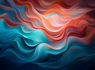 Obraz premium Abstract art featuring a vibrant, swirling blend of teal and burnt orange hues against a dark background. The colors flow and intertwine, creating a dynamic and energetic composition.