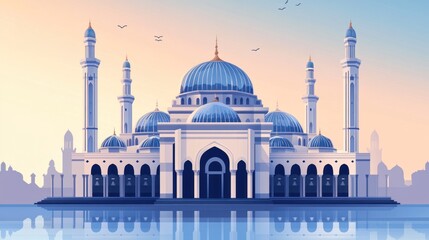 Naklejka premium Modern Vector Art of a Mosque with Symmetrical Arches and Domes