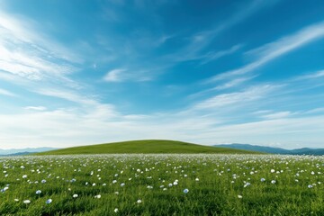 Vibrant flower field in rolling hills nature landscape photography daytime serene environment wide view