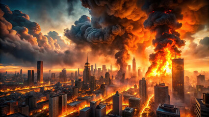 A dramatic urban scene depicting a city engulfed in flames and smoke, under a stormy sky, creating an apocalyptic atmosphere.