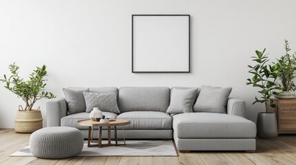 Minimalist living room with framed poster on white wall, grey sofa, and wooden flooring.