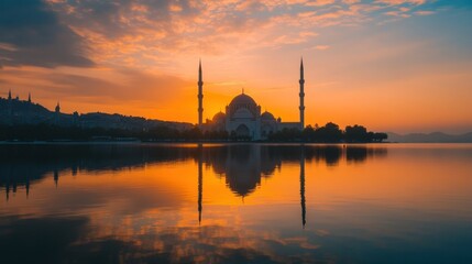 Naklejka premium Beautiful Silhouette of Mosque at Sunset Reflected in Water