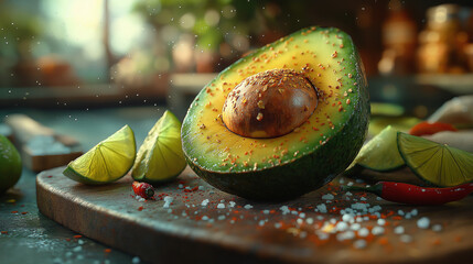 avocado on a plate, Avocado, Fresh Sliced Avocado with Lime, Chili, and Sea Salt