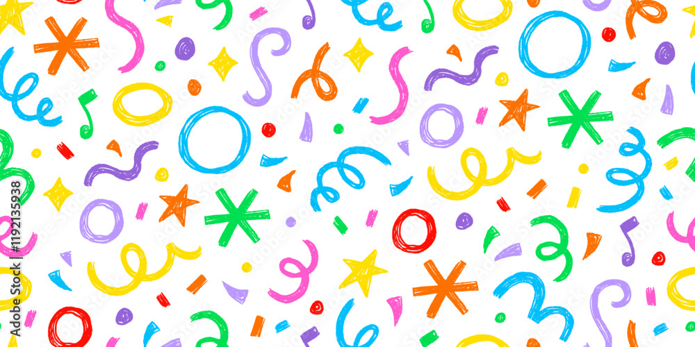 Poster Kid seamless pattern child fun shape squiggle confetti background. Hand drawn color crayon background fun child squiggle shape. Crayon color confetti abstract seamless pattern vector illustration