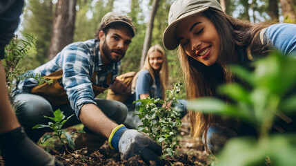 Diverse individuals planting trees together in forest, showcasing teamwork and environmental care. Their smiles reflect joy and commitment to nature conservation