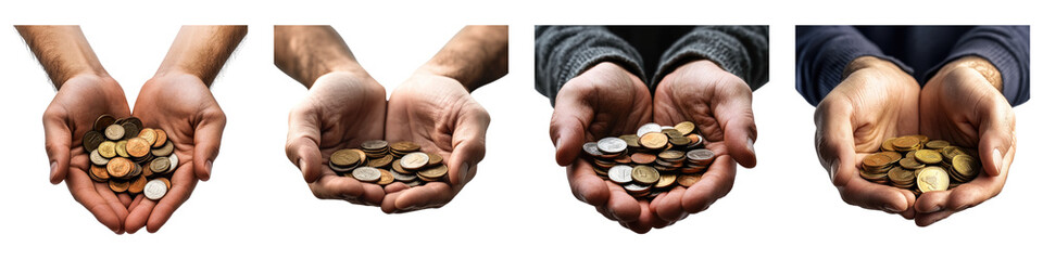 Male hands holding coins isolated on transparent background, Set of