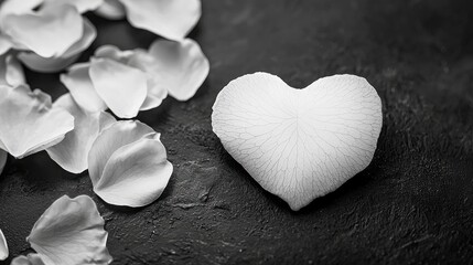 Heart-shaped rose petal on dark background with scattered petals; romantic, love, Valentine's