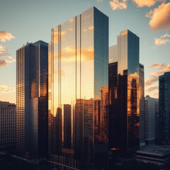 Obraz premium Golden Hour Skyscrapers: A Stunning Reflection of Urban Majesty