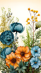 Digital watercolor colored flowers trees around border abstract graphic poster background