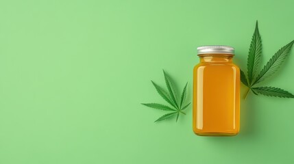 Yellow CBD Marmalade with Hemp Leaves on Green Background - Cannabis Edibles for Wellness, Alternative Medicine, and Recreation