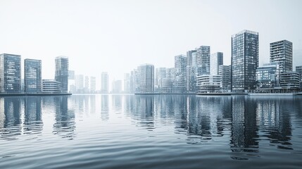 Naklejka premium Cityscape Reflection: Modern Metropolis Skyline Mirrored in Calm Waters