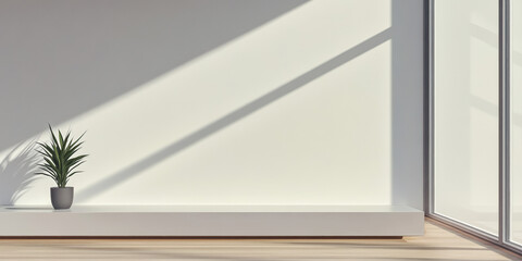 Fototapeta premium Bright and minimalist indoor space with plant and large windows casting shadows