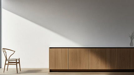 Modern interior design featuring a wooden cabinet and a chair with dramatic light angle
