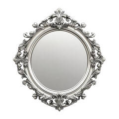 Elegant ornate silver mirror with intricate design isolated on transparent background, PNG