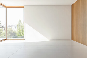 Bright minimalist interior with natural light and wooden accents in a modern space