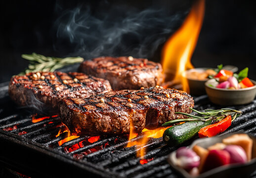 A photo of steaks and vegetables being grilled on an iron grill - Powered by Adobe