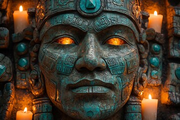Obraz premium Ceremonial mask of an Aztec god intricately detailed with precious stones shimmering in candlelight