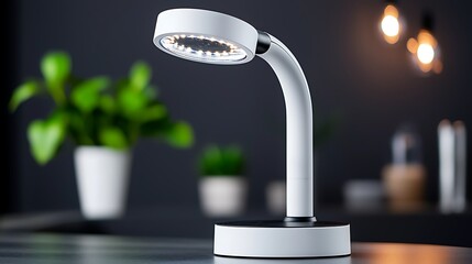 White LED desk lamp with flexible neck on dark surface, blurred background.