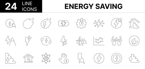 Collection of 24 Energy saving line icons featuring editable strokes. These outline icons depict various modes of Energy saving, eco, line, power, ecology, green, renewable, symbol, electric, electric
