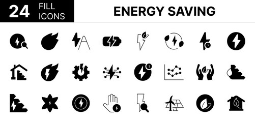 Collection of 24 Energy saving fill icons featuring editable strokes. These outline icons depict various modes of Energy saving, eco, line, power, ecology, green, renewable, symbol, electric, electric