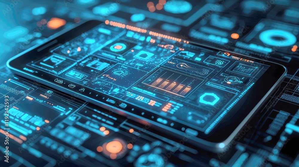 Poster futuristic technology interface: digital tablet with abstract data and network visuals