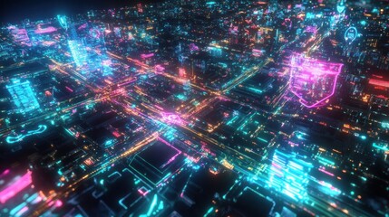 Obraz premium Cyberpunk Cityscape: Neon Lights and Digital Architecture