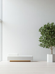 Fototapeta premium A bright and airy room showcases a sleek white bench and a vibrant indoor tree