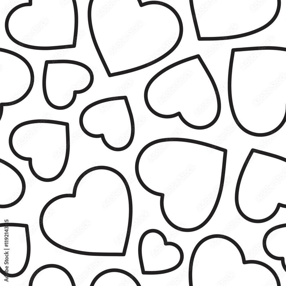 Poster minimalistic romantic seamless pattern of black linear hearts on a white background. trendy vector i