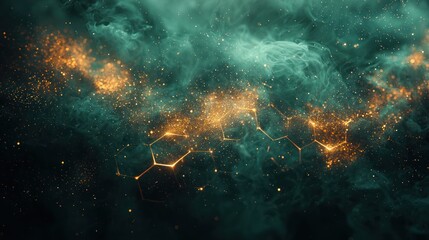 Fototapeta premium Abstract cosmic scene with glowing hexagonal patterns.