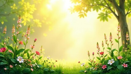 Obraz premium Serene springtime blossoms bathed in sunlight, creating a picturesque garden scene with vibrant flowers and lush greenery, perfect for peaceful backgrounds