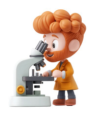 Scientist Examining A Microscope 3D cartoon character, isolated on transparent or white background cut out, high definition