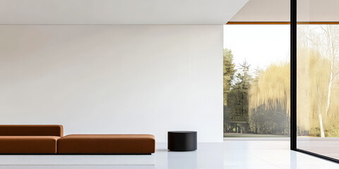 Modern interior design featuring a minimalist living space and a large window with nature view