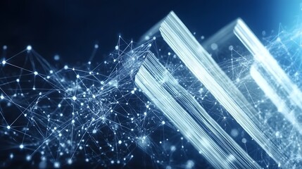 A stunning futuristic digital network visualization with interconnected, glowing nodes and lines forming a complex data network. The composition uses a rich blue color palette, with bright dots of lig