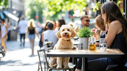 Enjoying a sunny day at a pet-friendly cafe, a happy dog sits at the table with its owner, surrounded by a vibrant outdoor atmosphere filled with people and greenery in a lively urban setting.