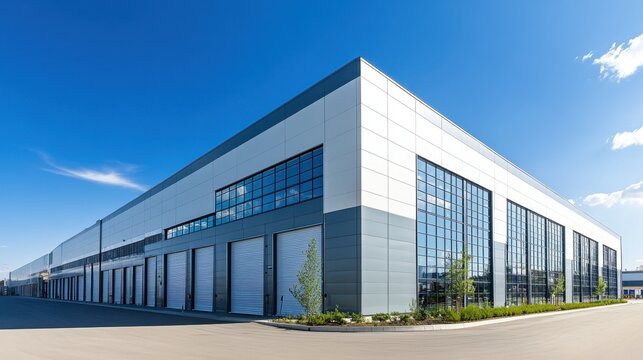 Modern warehouse with large windows and loading docks. Ideal for logistics, distribution, and industrial concepts.
