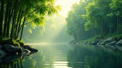 Fototapeta premium Serene morning mist over a tranquil waterway, bordered by lush bamboo groves and smooth river stones