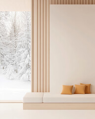 Cozy winter interior with neutral tones and snowy landscape outside
